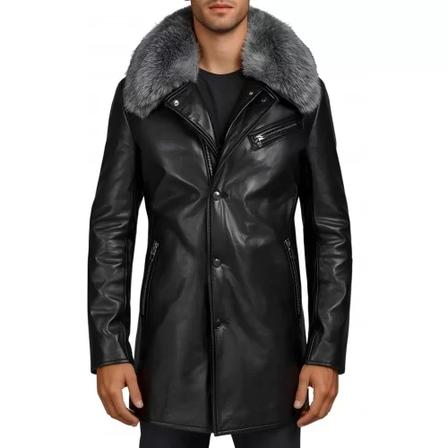 Trois quart homme en cuir d'agneau noir capuche avec col en renard argenté véritable modèle Prixoriuce