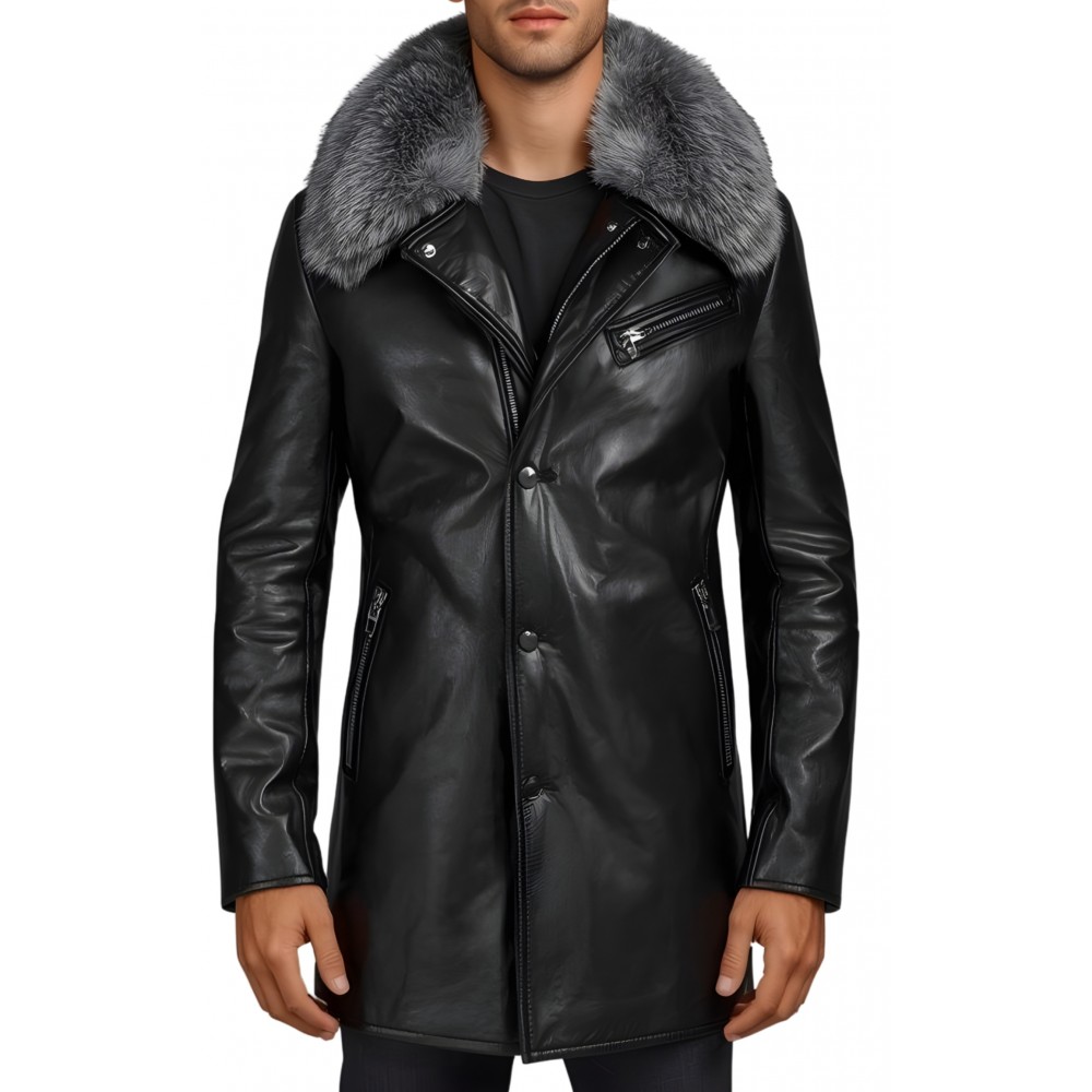 Trois quart homme en cuir d'agneau noir capuche avec col en renard argenté véritable modèle Prixoriuce