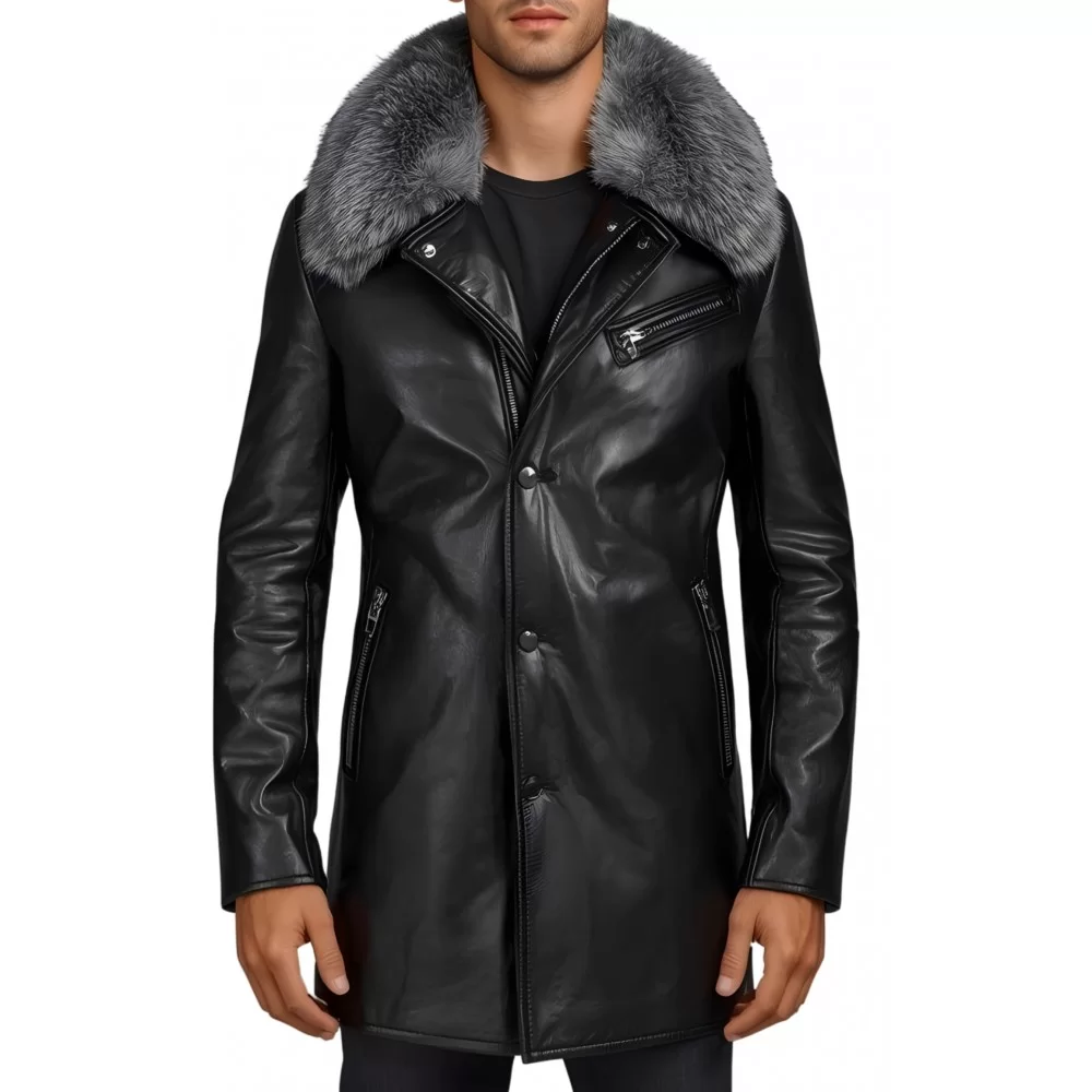 Trois quart homme en cuir d'agneau noir capuche avec col en renard argenté véritable modèle Prixoriuce Trois quart homme en cuir d'agneau noir capuche avec col en renard argenté véritable modèle Prixoriuce