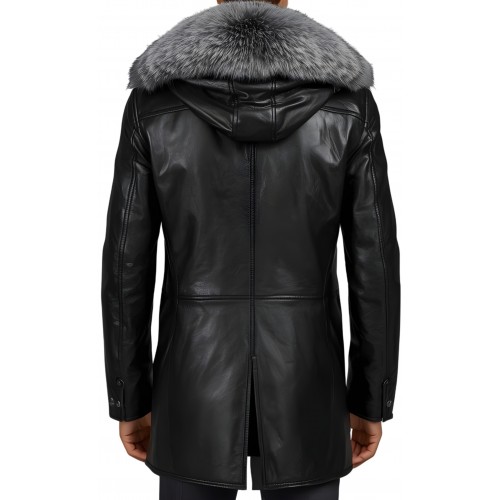 Trois quart homme en cuir d'agneau noir capuche avec col en renard argenté véritable modèle Prixoriuce
