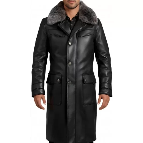 Trois quart manteau cuir homme en vachette plongé noir avec col amovible en renard argenté modèle Dandyre