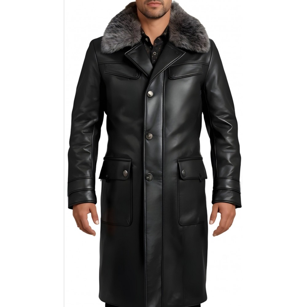 Trois quart manteau cuir homme en  vachette plongé noir avec col amovible en renard argenté modèle Dandyre
