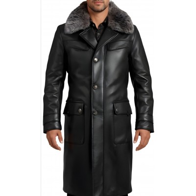 Trois quart manteau cuir homme en  vachette plongé noir avec col amovible en renard argenté modèle Dandyre