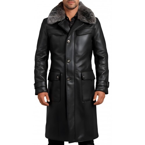 Trois quart manteau cuir homme en  vachette plongé noir avec col amovible en renard argenté modèle Dandyre