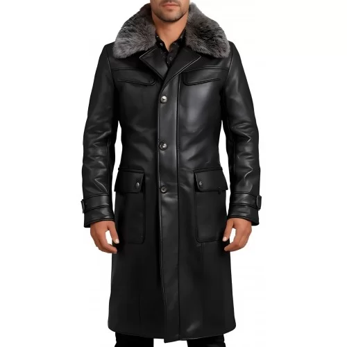 Trois quart manteau cuir homme en vachette plongé noir avec col amovible en renard argenté modèle Dandyre