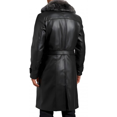Trois quart manteau cuir homme en  vachette plongé noir avec col amovible en renard argenté modèle Dandyre