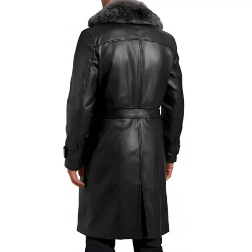 Trois quart manteau cuir homme en vachette plongé noir avec col amovible en renard argenté modèle Dandyre