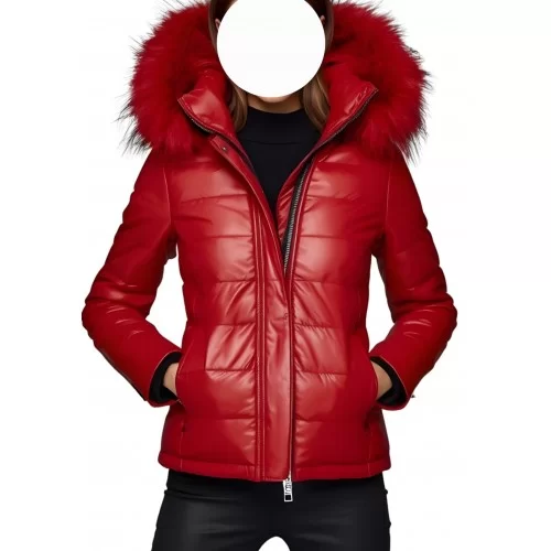 Blouson doudoune femme en cuir d'agneau rouge avec capuche et bords renard rouge modèle Zelda