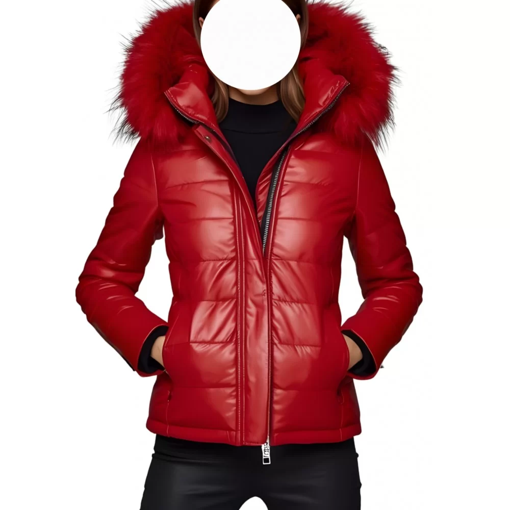 Blouson doudoune femme en cuir d'agneau rouge avec capuche et bords renard rouge modèle Zelda