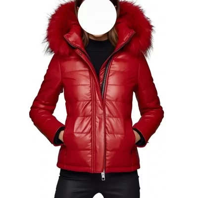 Blouson doudoune femme en cuir d'agneau rouge avec capuche et bords renard rouge modèle Zelda