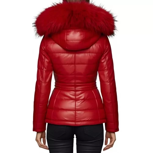 Blouson doudoune femme en cuir d'agneau rouge avec capuche et bords renard rouge modèle Zelda