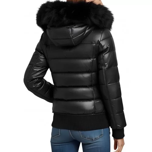 Blouson doudoune cuir femme en agneau noir avec capuche bords renard noir modèle Striya