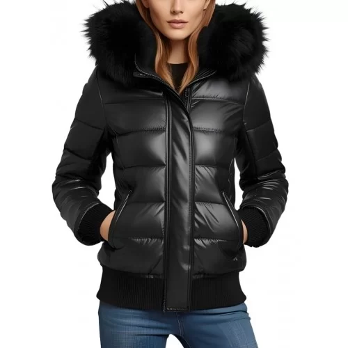 Blouson doudoune cuir femme en agneau noir avec capuche bords renard noir modèle Striya