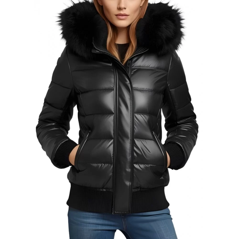Blouson doudoune cuir femme en agneau noir avec capuche bords renard noir modèle Striya