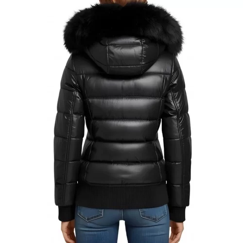 Blouson doudoune cuir femme en agneau noir avec capuche bords renard noir modèle Striya