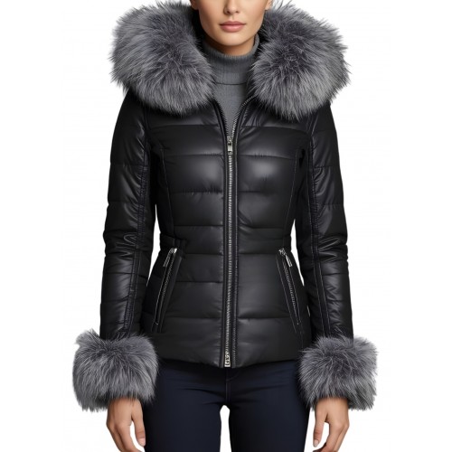Doudoune courte cuir femme en agneau noir avec capuche bords et manchons poignets en renard argenté modèle Excella