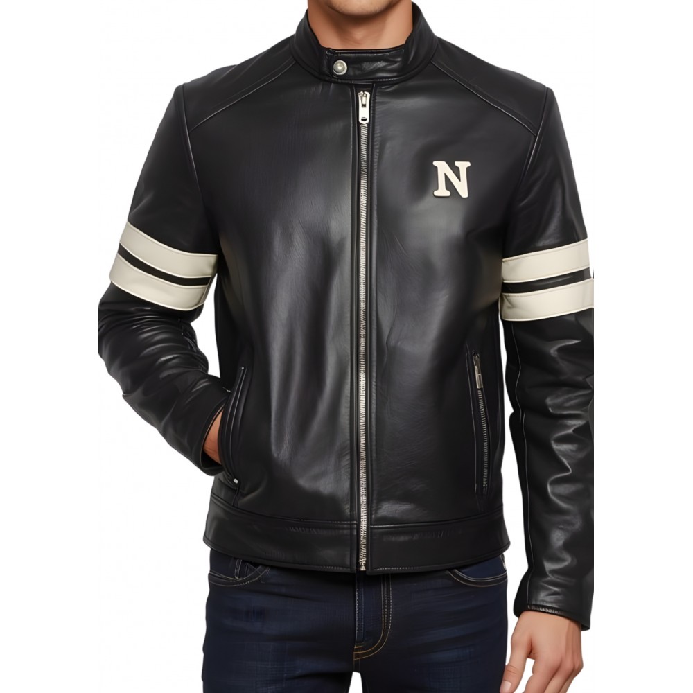 Blouson personnalisable prénom homme en cuir d'agneau bicolore noir et blanc modèle Initial