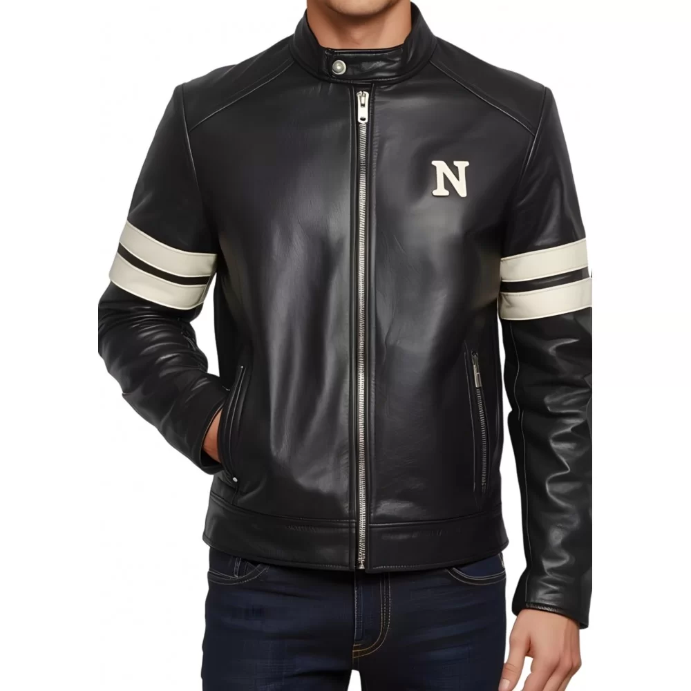 Blouson personnalisable prénom homme en cuir d'agneau bicolore noir et blanc modèle Initial Blouson personnalisable prénom homme en cuir d'agneau bicolore noir et blanc modèle Initial