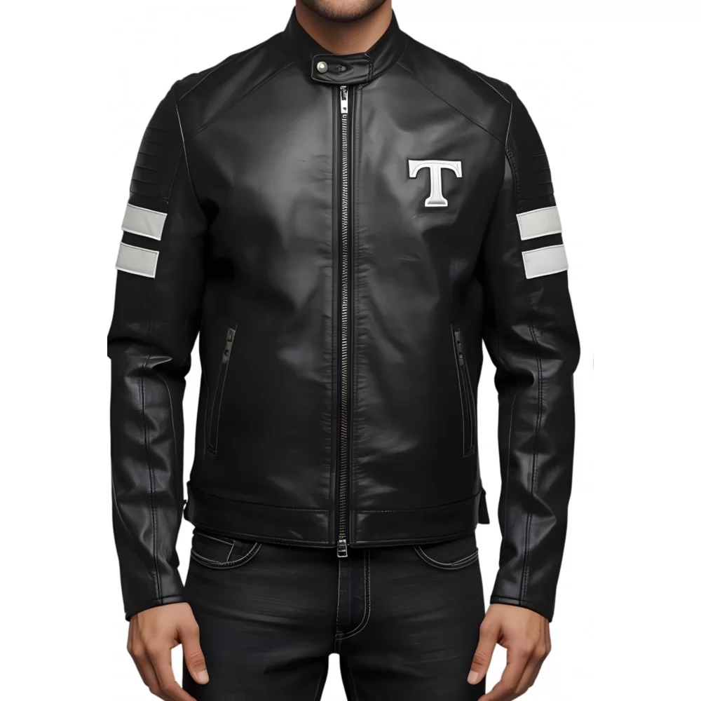 Blouson personnalisable prénom homme en cuir d'agneau bicolore noir et blanc modèle Nomy Blouson personnalisable prénom homme en cuir d'agneau bicolore noir et blanc modèle Nomy