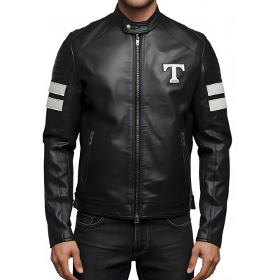 Blouson personnalisable prénom homme en cuir d'agneau bicolore noir et blanc modèle Nomy