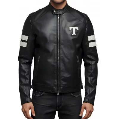 Blouson personnalisable prénom homme en cuir d'agneau bicolore noir et blanc modèle Nomy