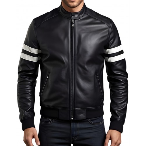 Blouson homme en cuir d'agneau bicolore noir et blanc modèle YinYang