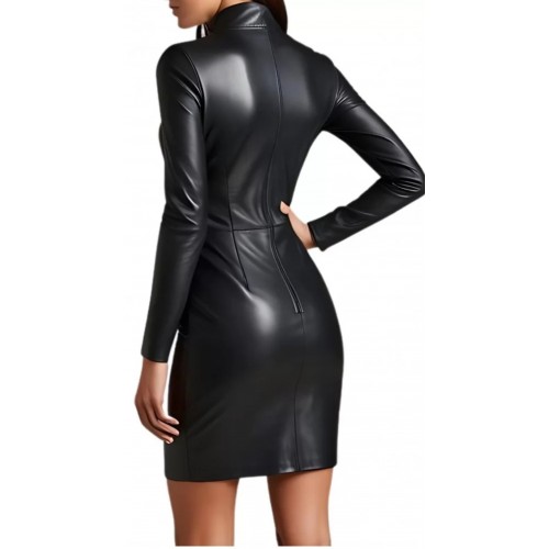 Robe bustier mi longue en cuir d'agneau stretch noir modèle Tiranna