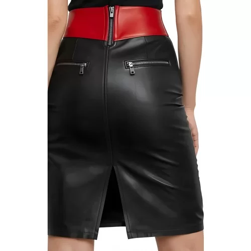 Jupe mi longue en cuir d'agneau bicolore noir et ceinture rouge modèle Muty