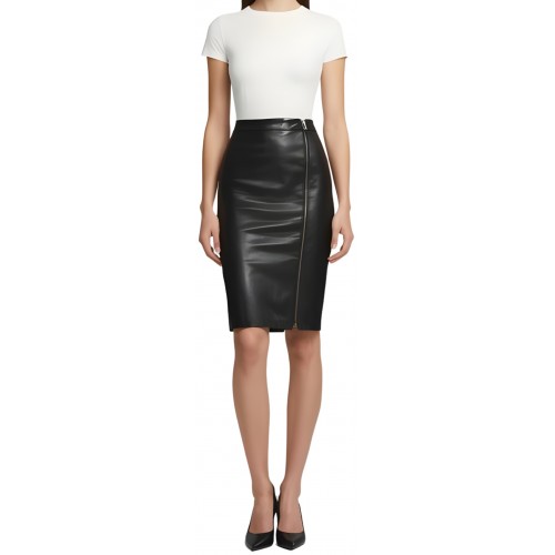 Jupe longue forme fuseau style crayon en cuir d'agneau noir zip sur l'avant modèle Loryna