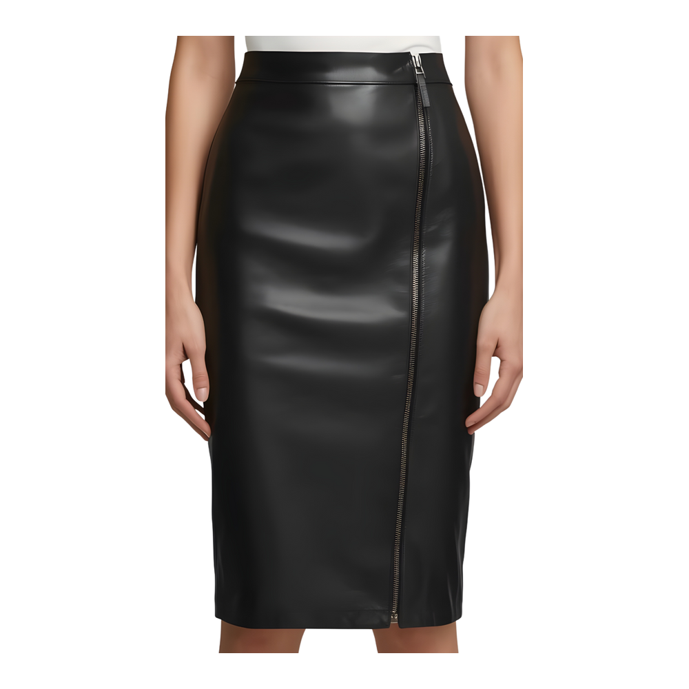 Jupe longue forme fuseau style crayon en cuir d'agneau noir zip sur l'avant modèle Loryna