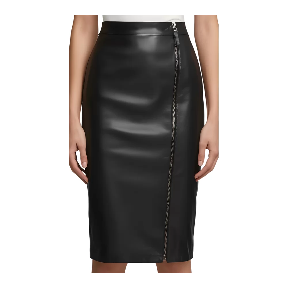 Jupe longue forme fuseau style crayon en cuir d'agneau noir zip sur l'avant modèle Loryna Jupe longue forme fuseau style crayon en cuir d'agneau noir zip sur l'avant modèle Loryna