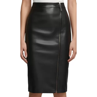 Jupe longue forme fuseau style crayon en cuir d'agneau noir zip sur l'avant modèle Loryna