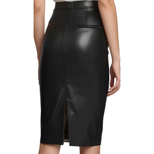 Jupe longue forme fuseau style crayon en cuir d'agneau noir zip sur l'avant modèle Loryna