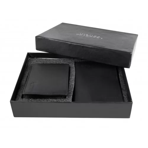Coffret contenant un portefeuille et un porte carte en agneau noir