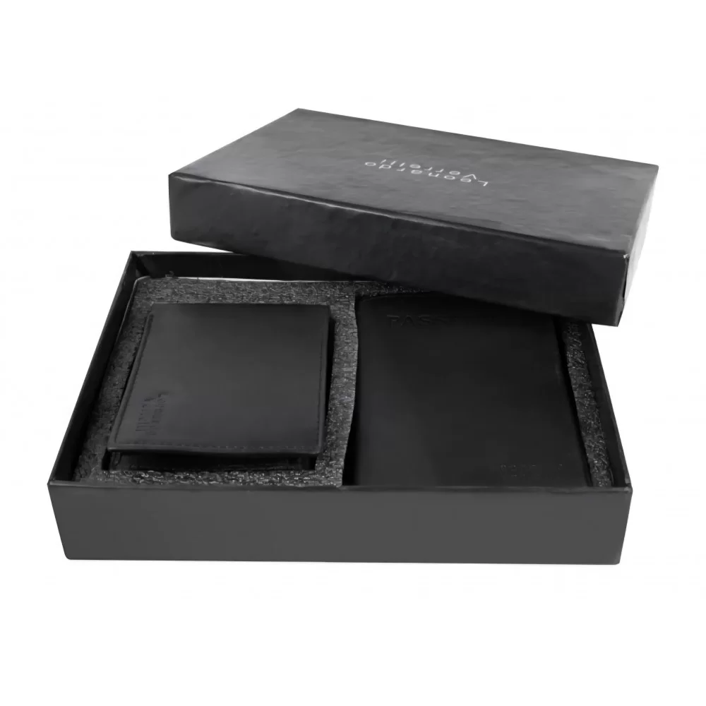 Coffret contenant un portefeuille et un porte carte en agneau noir