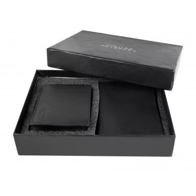 Coffret contenant un portefeuille et un porte carte en agneau noir