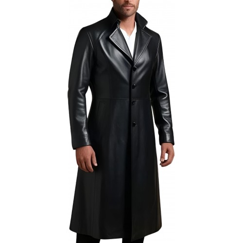 Veste redingote longue en cuir d'agneau noir fermeture par boutons sur l'avant modèle Xaola