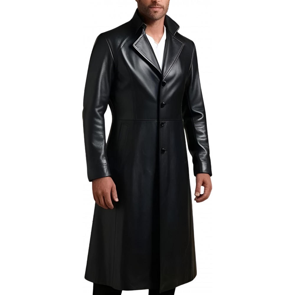 Veste redingote longue en cuir d'agneau noir fermeture par boutons sur l'avant modèle Xaola