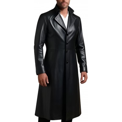 Veste redingote longue en cuir d'agneau noir fermeture par boutons sur l'avant modèle Xaola