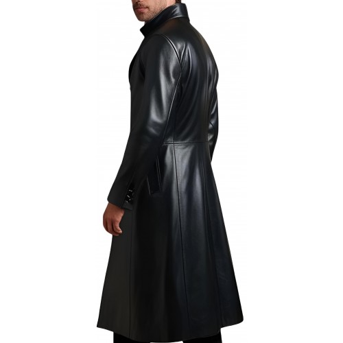Veste redingote longue en cuir d'agneau noir fermeture par boutons sur l'avant modèle Xaola