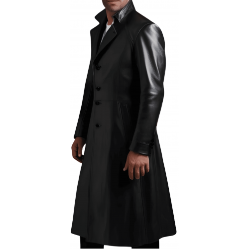 Veste redingote longue en cuir d'agneau noir fermeture par boutons sur l'avant modèle Xaola