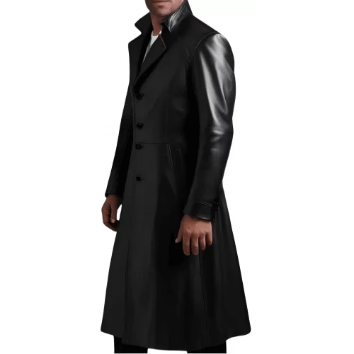 Veste redingote longue en cuir d'agneau noir fermeture par boutons sur l'avant modèle Xaola