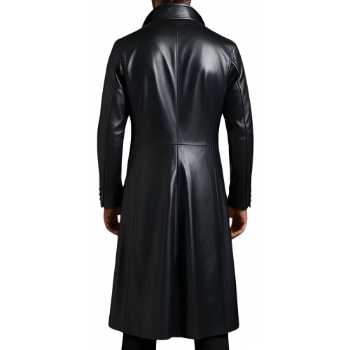 Veste redingote longue en cuir d'agneau noir fermeture par boutons sur l'avant modèle Xaola