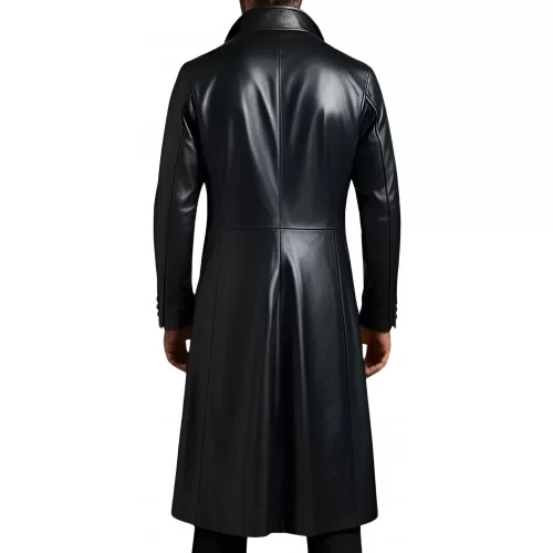 Veste redingote longue en cuir d'agneau noir fermeture par boutons sur l'avant modèle Xaola