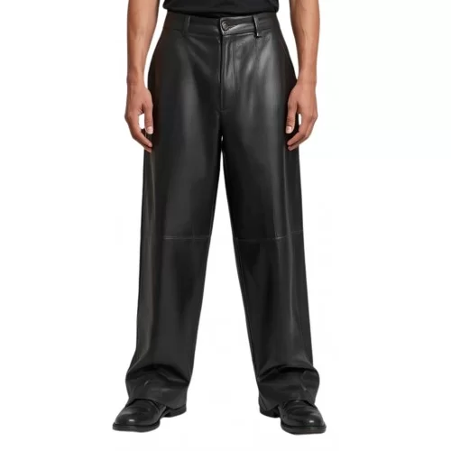 Pantalon coupe oversize large homme en cuir d'agneau noir modèle Ricchy