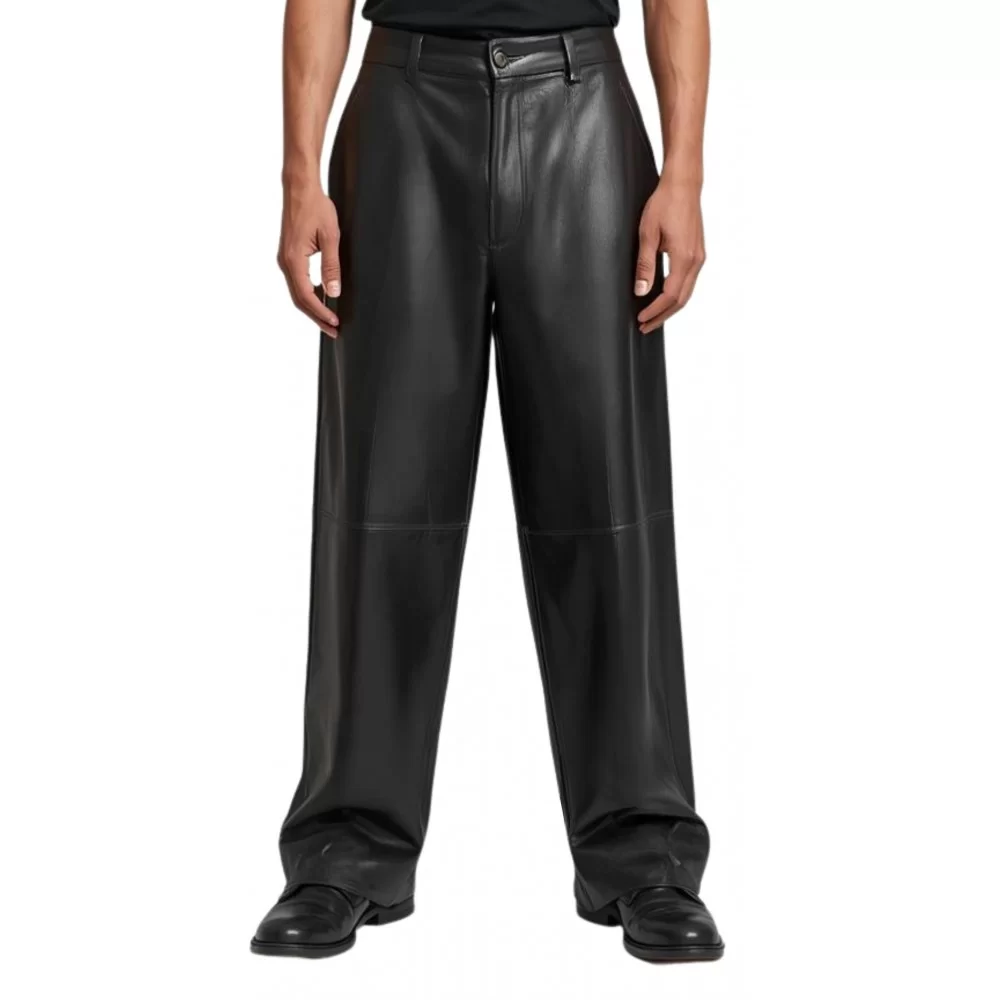 Pantalon coupe oversize large homme en cuir d'agneau noir modèle Ricchy Pantalon coupe oversize large homme en cuir d'agneau noir modèle Ricchy