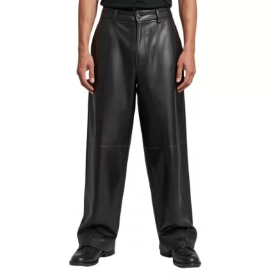 Pantalon coupe oversize large homme en cuir d'agneau noir modèle Ricchy