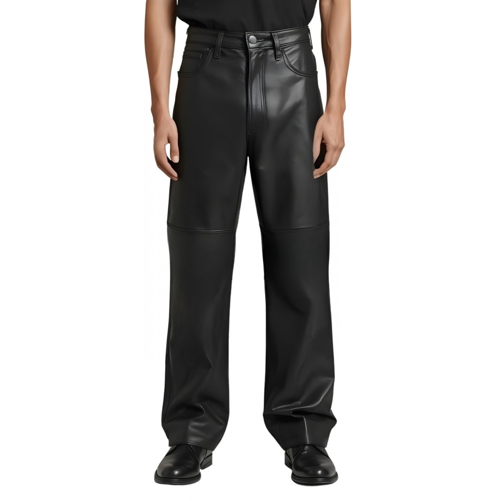 Pantalon jeans coupe large homme en cuir d'agneau noir modèle Nymie
