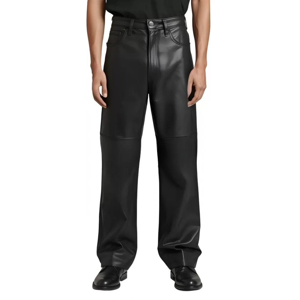 Pantalon jeans coupe large homme en cuir d'agneau noir modèle Nymie Pantalon jeans coupe large homme en cuir d'agneau noir modèle Nymie