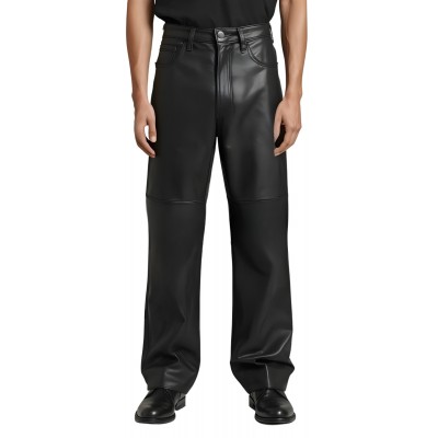 Pantalon jeans coupe large homme en cuir d'agneau noir modèle Nymie